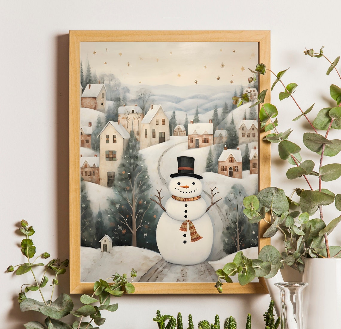 Snowman on Snowy Path before Starry Hillside Village Christmas Poster