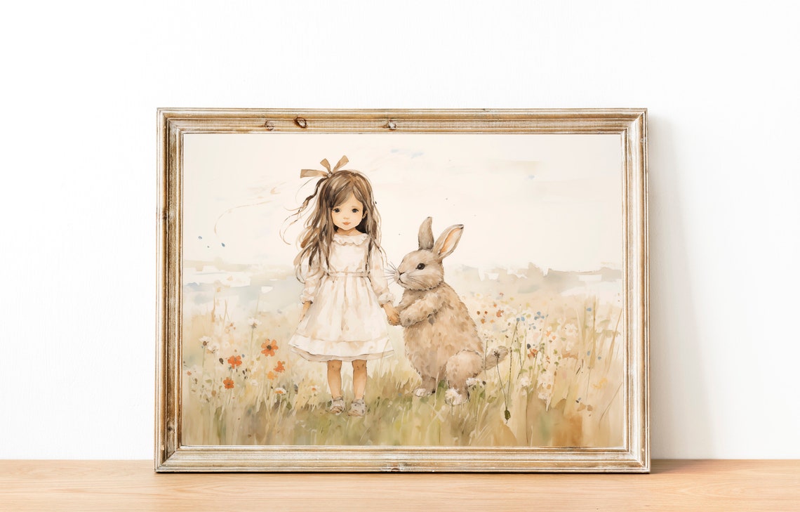 Little Girl with Bunny in a Wildflower Meadow Nursery Wall Art - Image 2