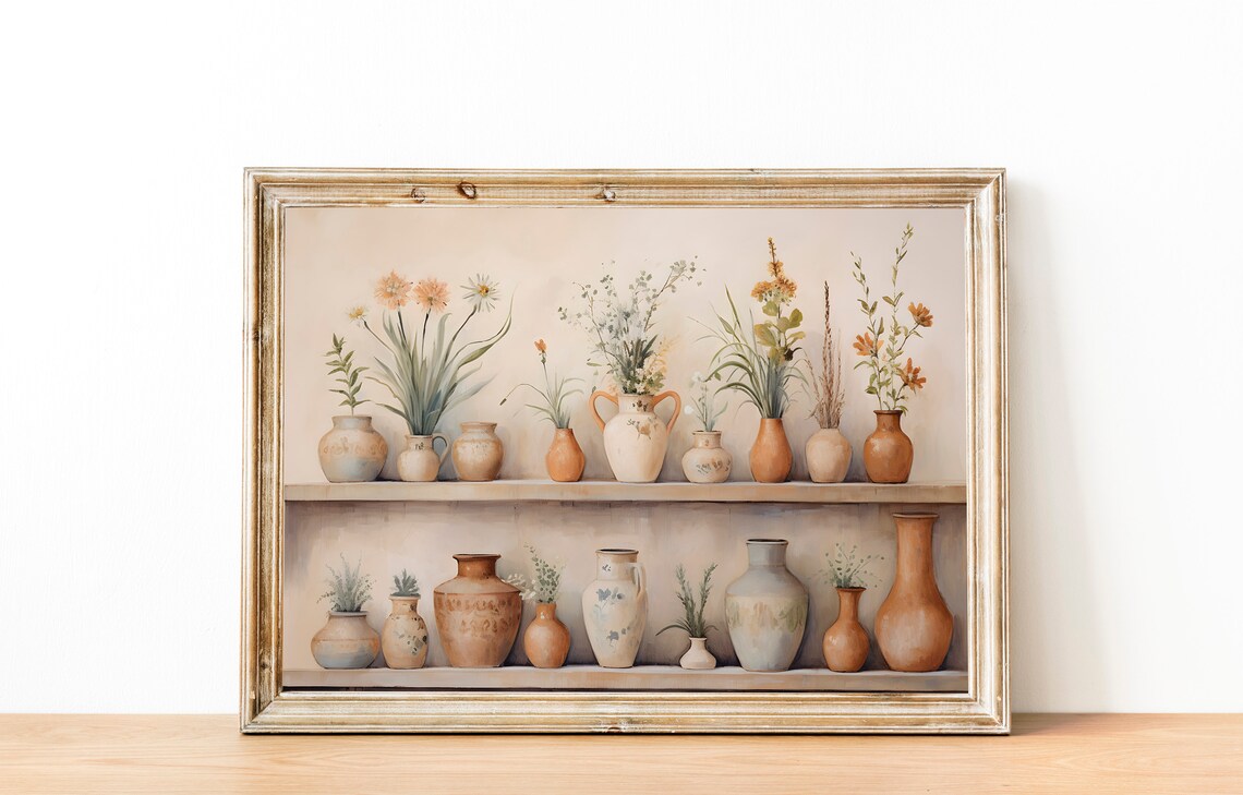 Terracotta Vases with Wildflowers on a Rustic Shelf Farmhouse Wall Art - Image 2