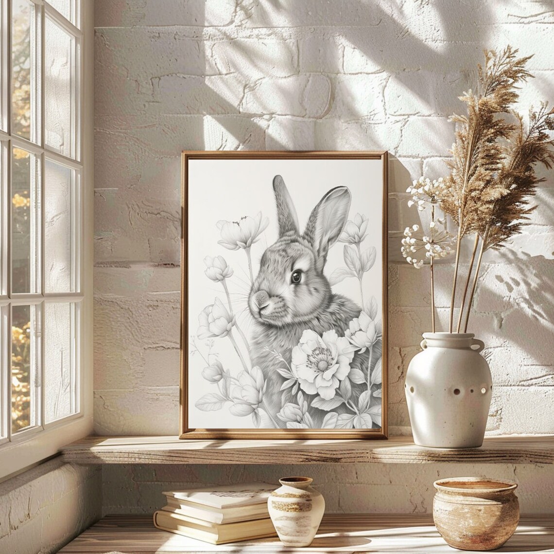 Pencil Sketch Rabbit with Flowers Neutral Monochrome Nursery Wall Art - Image 5