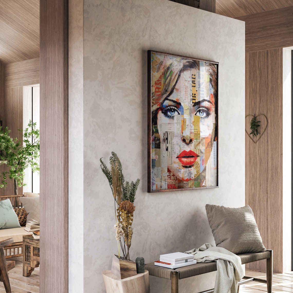 Newspaper Collage Woman Face with Blue Eyes and Red Lips Poster - Image 3