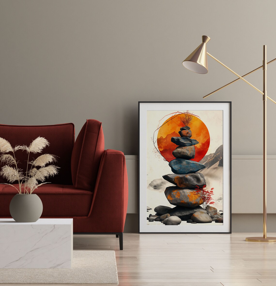 Balancing Stone Cairn Under a Giant Red Sun Zen Garden Poster - Image 4