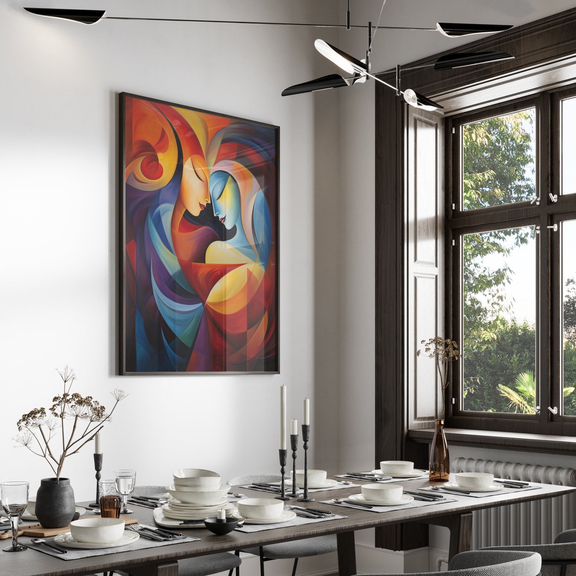 Abstract Embracing Couple in Fiery Red and Deep Blue Art Poster - Image 5
