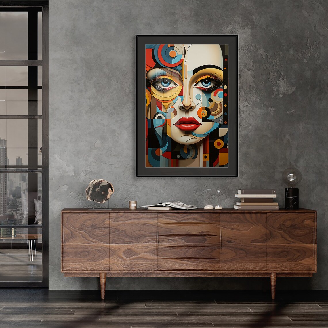 Colorful Cubist Woman Portrait with Blue Eyes and Red Lips Poster - Image 4