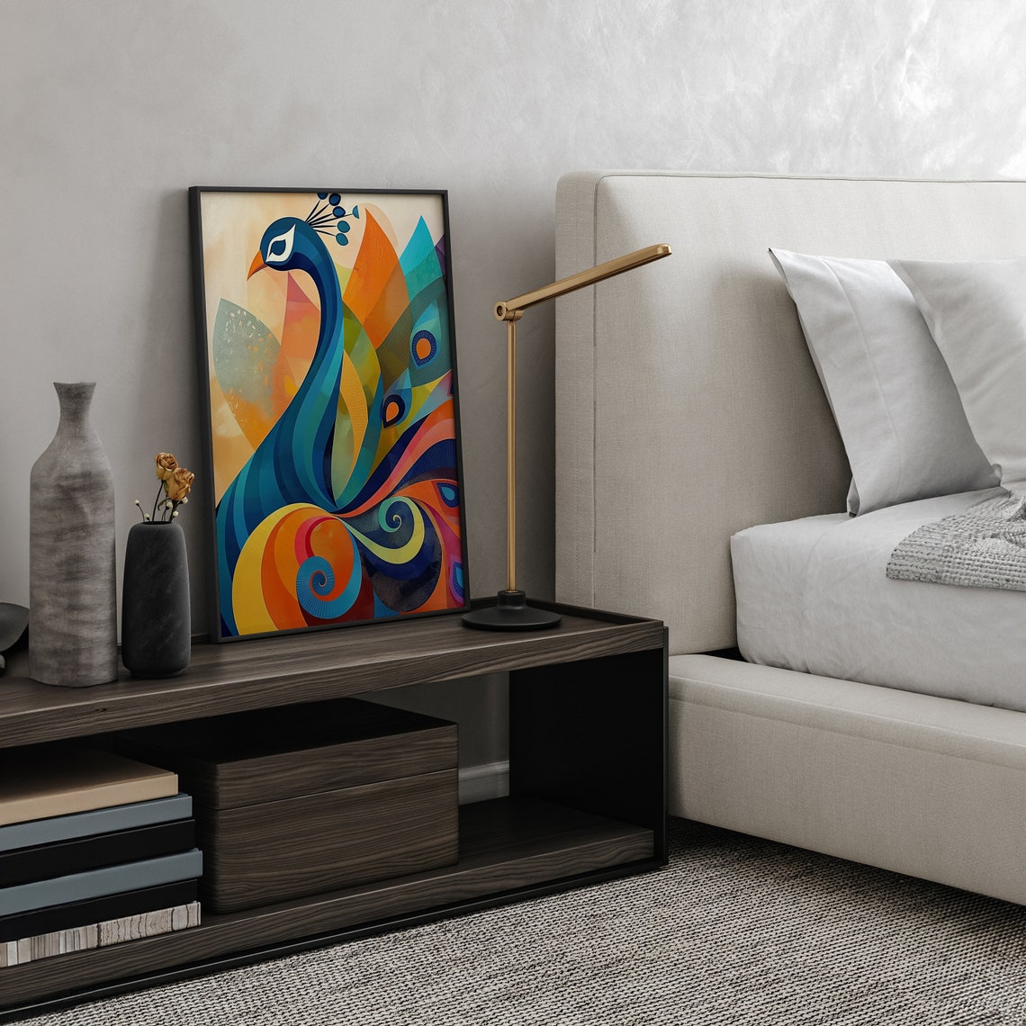 Stylized Peacock in Rainbow Geometric Colors Design Wall Print - Image 5