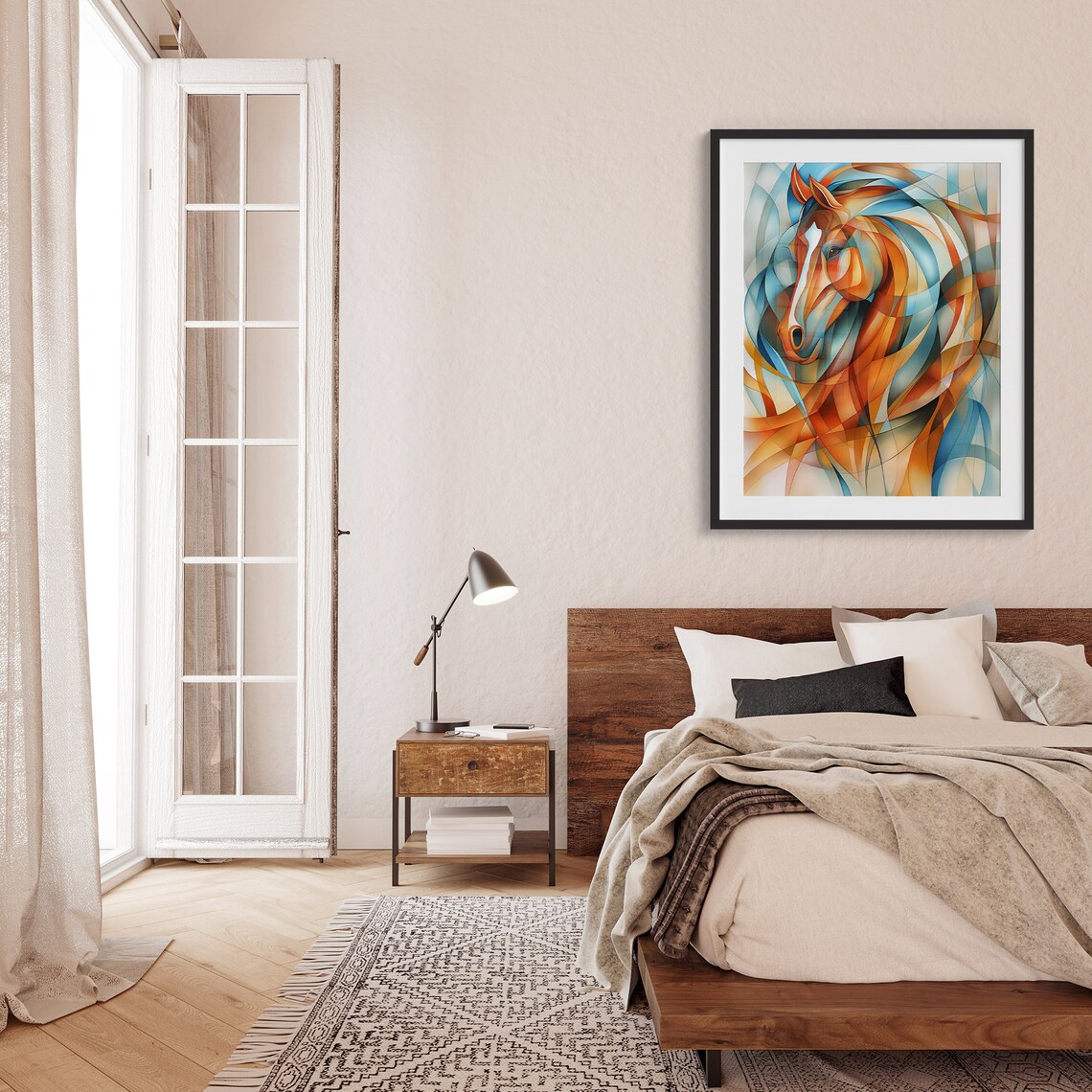 Geometric Horse Head with Blue and Orange Ribbons Art Poster - Image 2