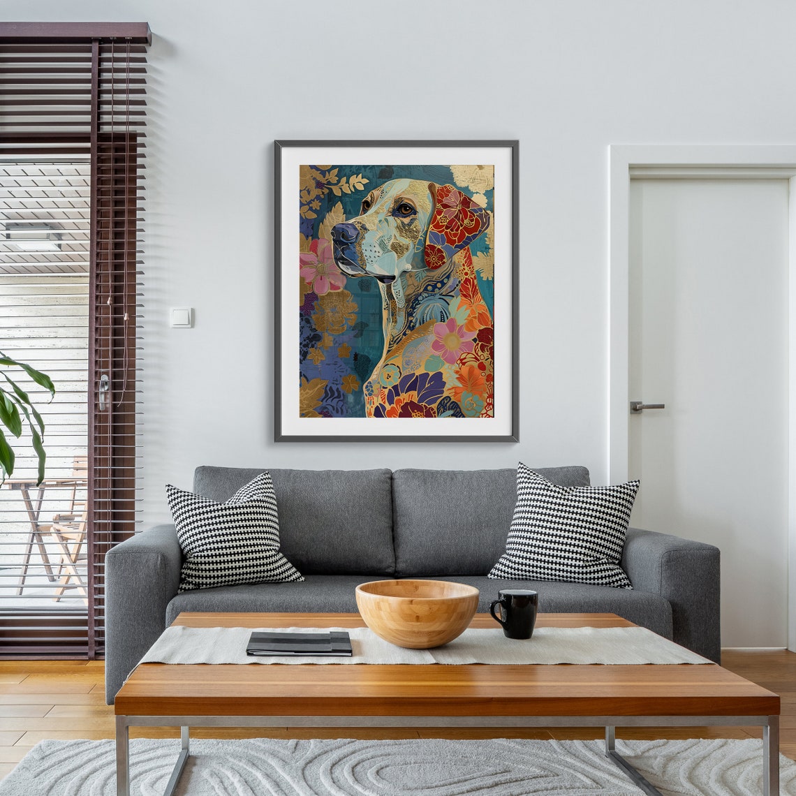 Floral Pattern Dog Portrait in Blue and Gold Boho Art Poster - Image 4