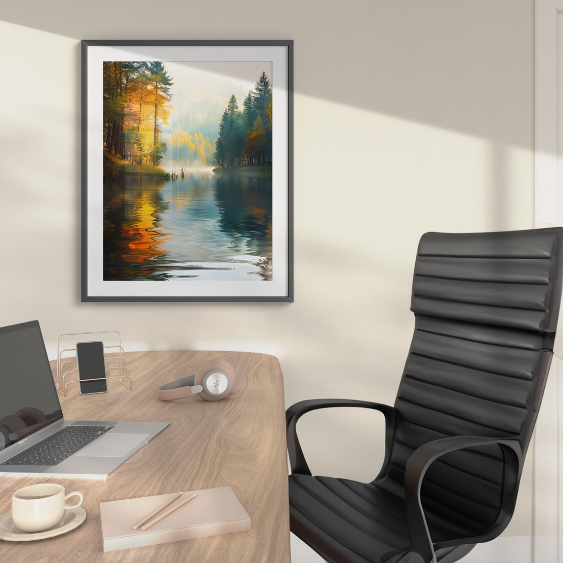 Misty Autumn Lake Between Pine Forests Calm Nature Art Poster - Image 4