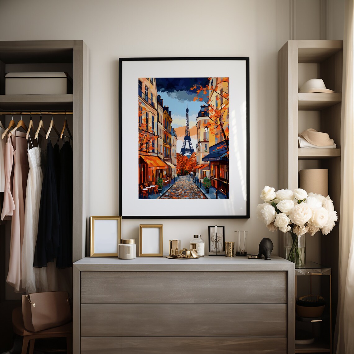 Paris Street with Eiffel Tower in Autumn Cafe Scene Art Poster - Image 2