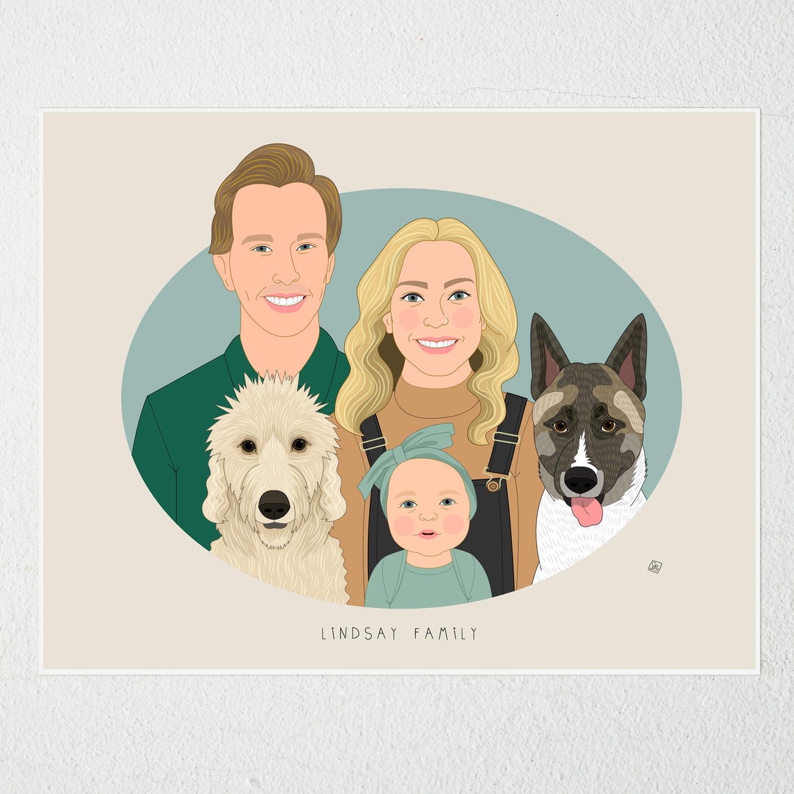Family of Three With Three Cats Custom Illustrated Portrait Poster - Image 2