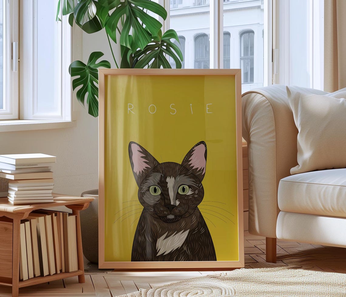 Pumpkin Black Cat on Teal Background Custom Cat Portrait Poster - Image 3
