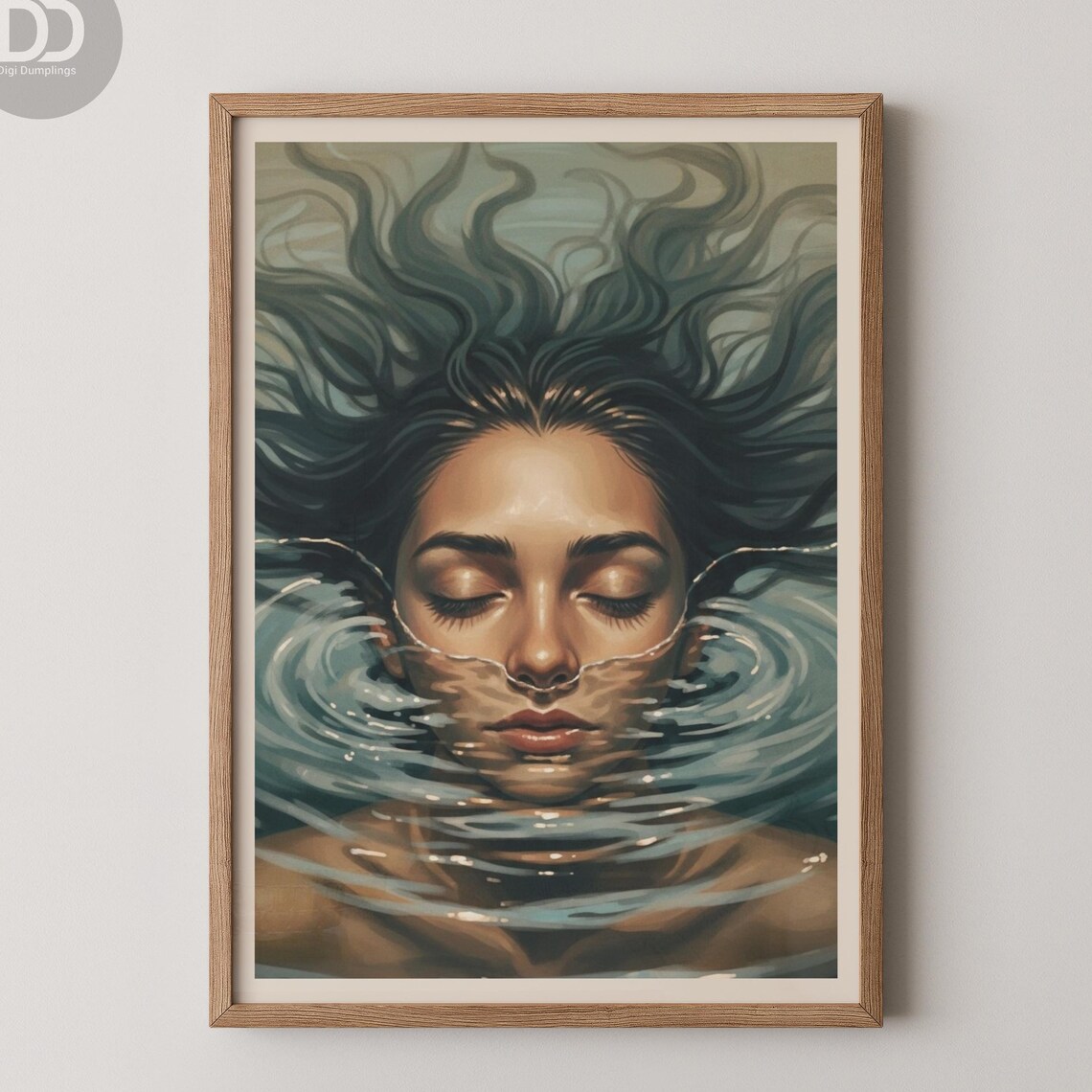 Woman Floating Underwater Poster with Closed Eyes in Painterly Art Style