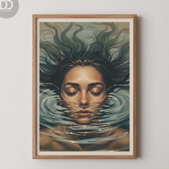 Woman Floating Underwater Poster with Closed Eyes in Painterly Art Style