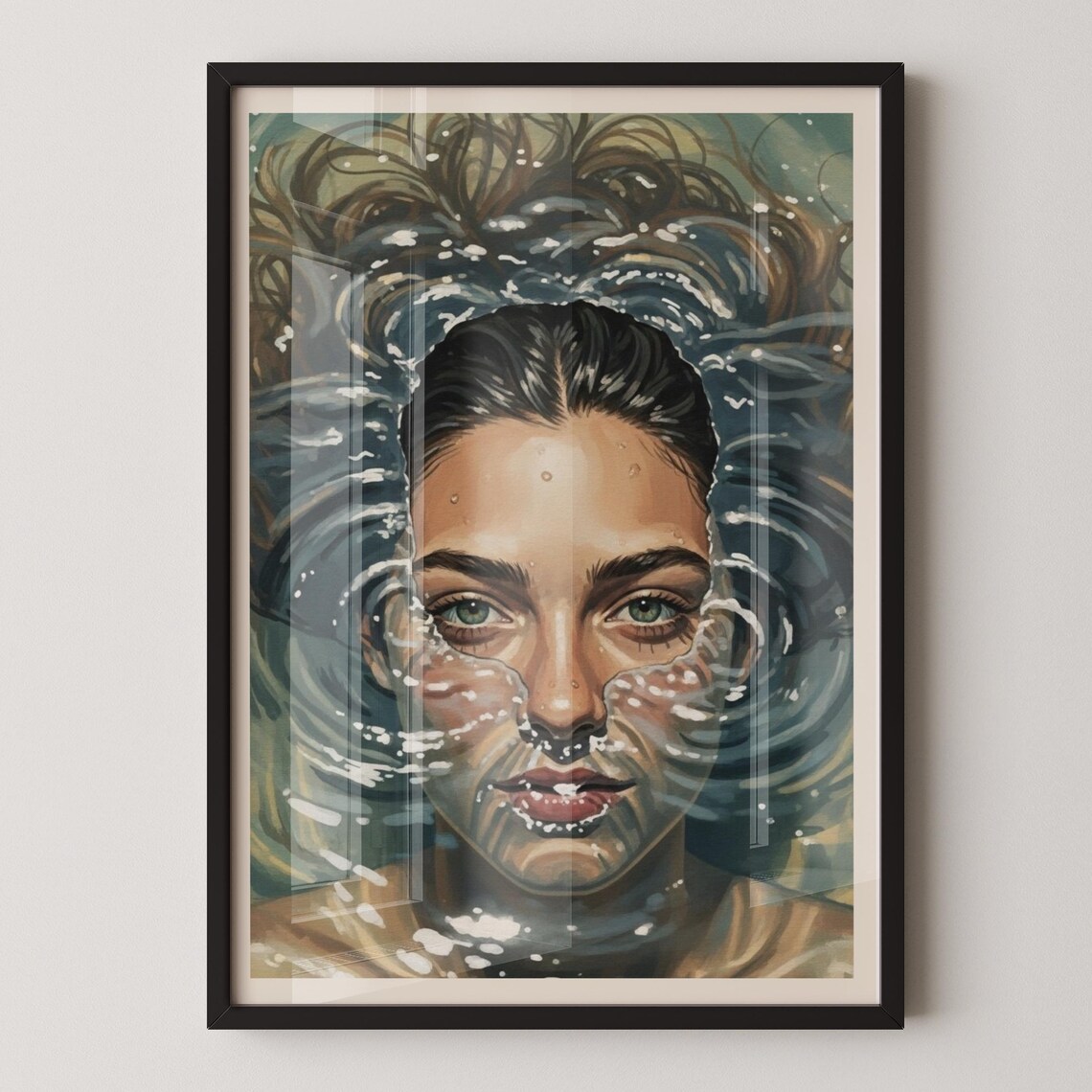 Woman Floating In Water Poster with Ripples in Dreamy Painterly Art Style