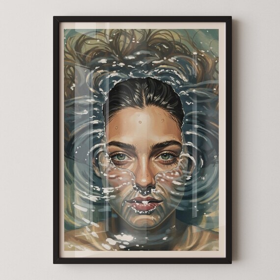 Woman Floating In Water Poster with Ripples in Dreamy Painterly Art Style