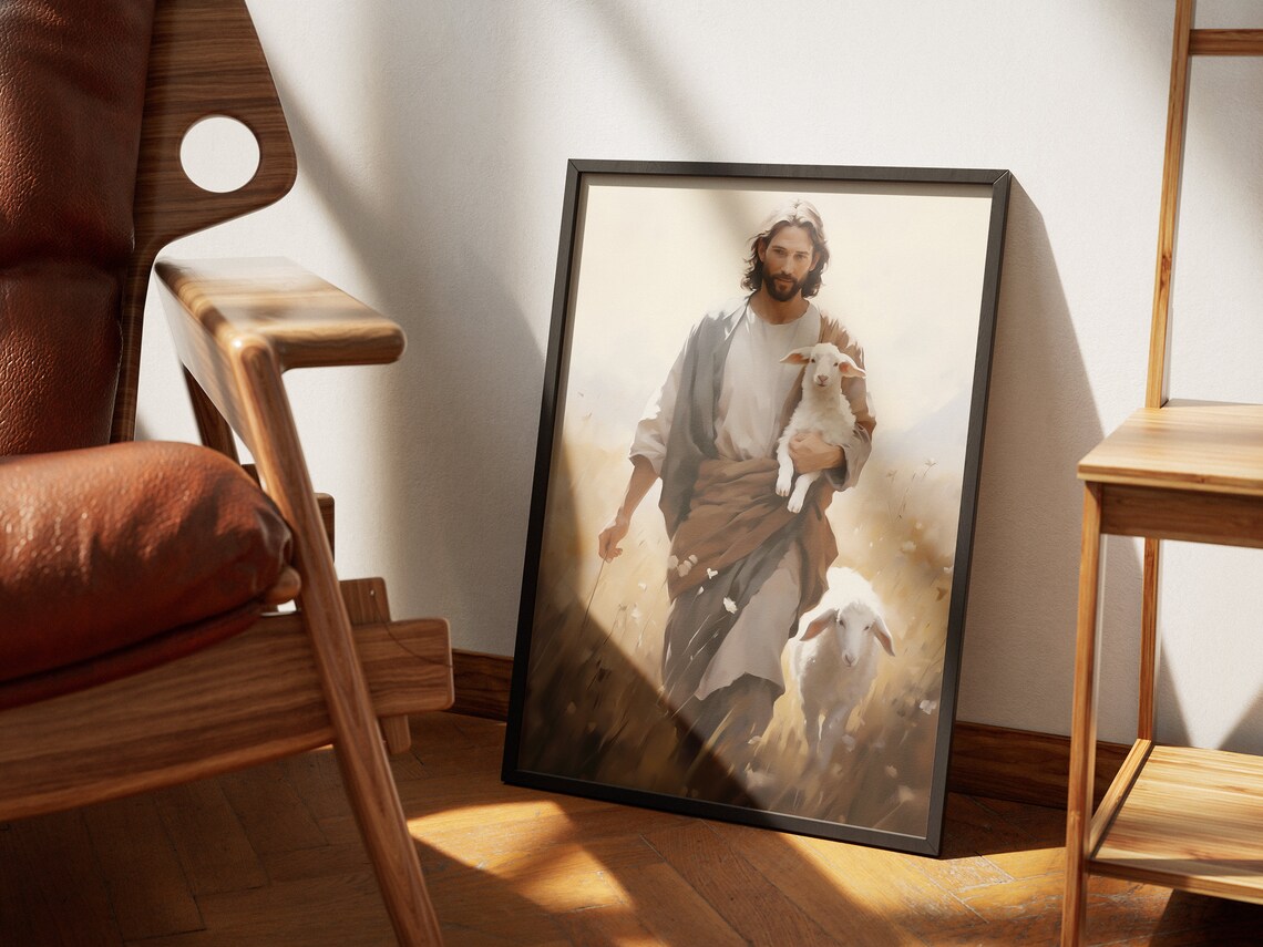 Jesus Christ Good Shepherd Carrying Lamb Field Painting Faith Poster - Image 4