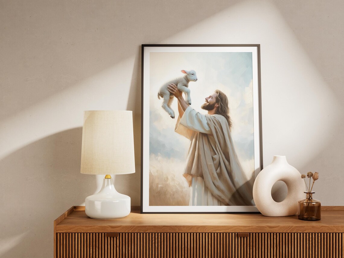Jesus Christ Lifting Lamb to Heaven Joyful Christian Art Gift Poster - Image 4