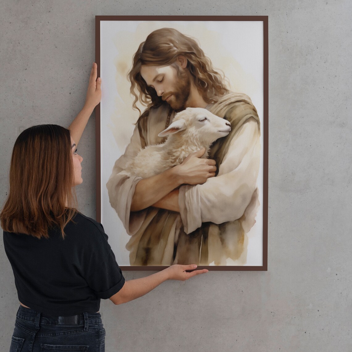 Jesus Holding Lamb Good Shepherd Soft Watercolor Portrait Art Poster - Image 2