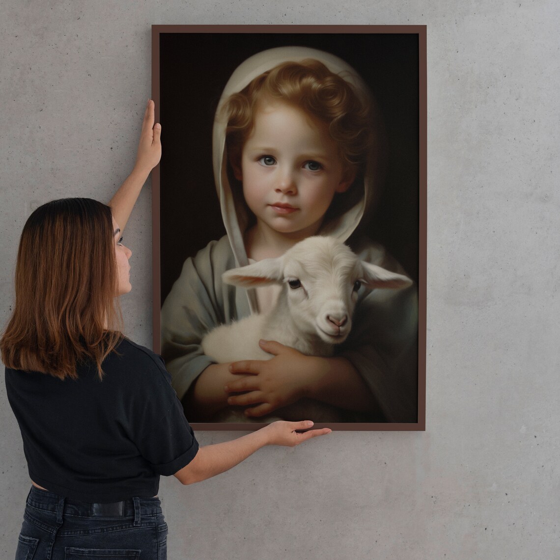 Child Jesus With Lamb Dark Classical Portrait Reverent Art Poster - Image 2