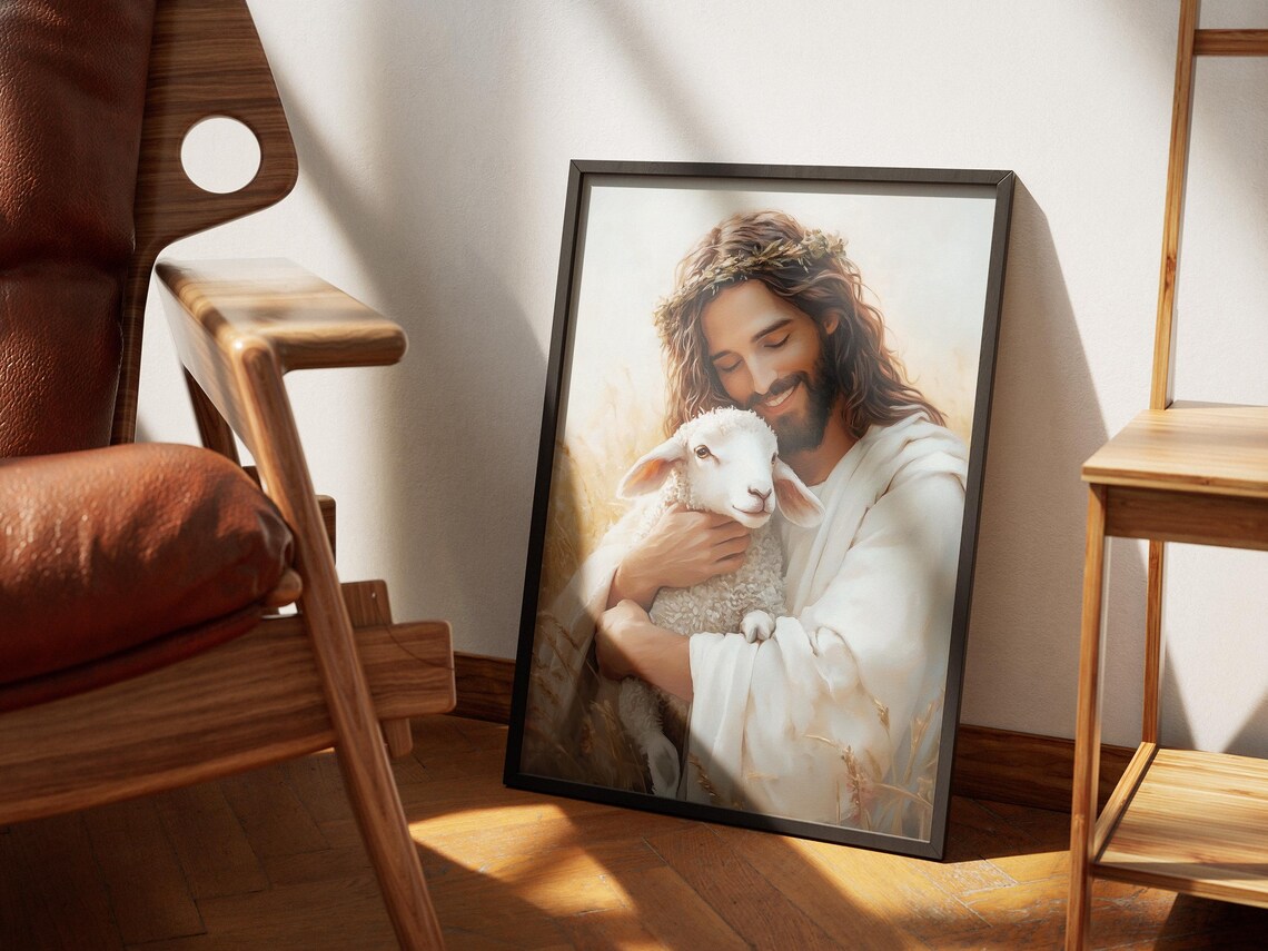 Jesus Christ Good Shepherd White Robes Lamb Wheat Field Art Poster - Image 4