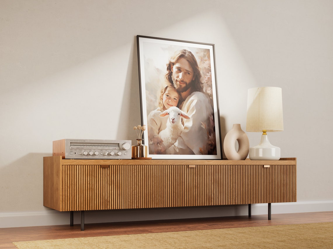 Jesus With Child and Lamb Gentle Glowing Painterly Art Poster - Image 3