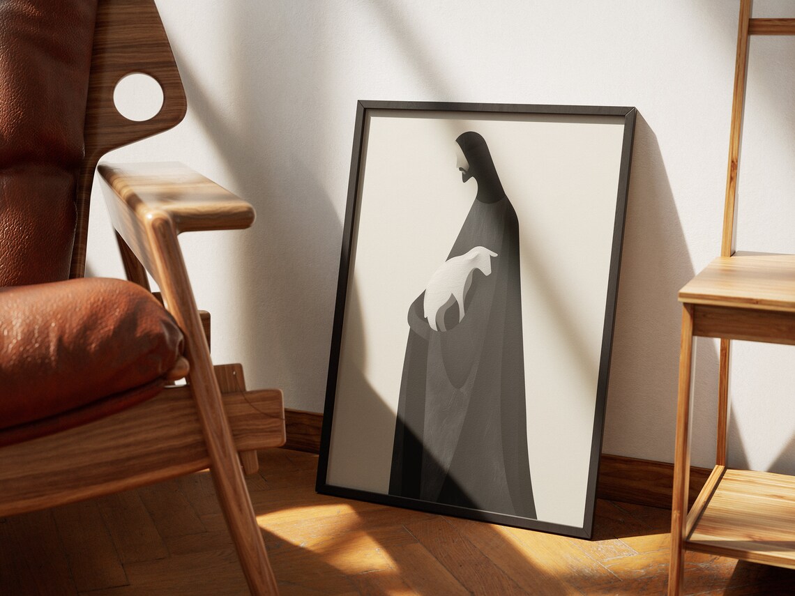 Minimalist Black Jesus Silhouette White Lamb Modern Christian Art Poster - Image 4