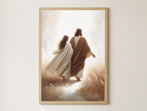 Jesus Walking with Woman Through Golden Wheat Field Art Poster