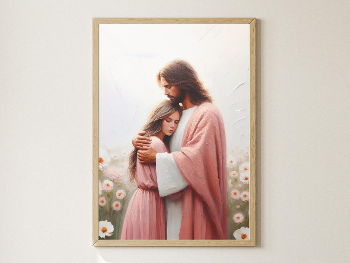 Flowers Of Faith Jesus And Woman Art Jesus With Girl Artwork Teen Baptism Gift Modern Christian Art Bible Verse Wall Art Lds Painting