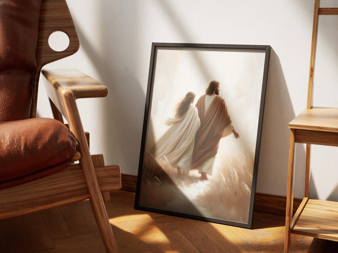 In His Shadow Jesus Walking With Woman Art Jesus And Girl Art Adult Baptism Gift Christian Wall Art Bible Verse Lds Painting - Image 2