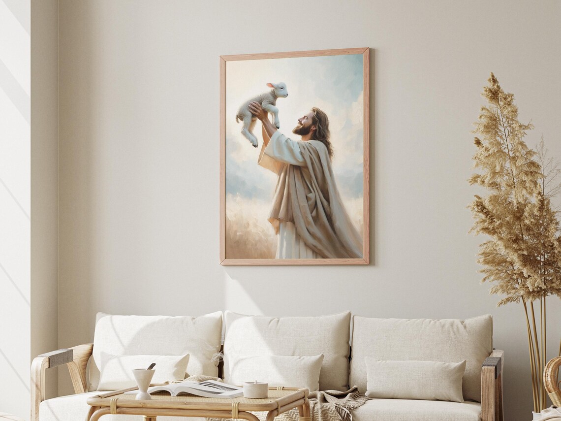 Jesus Christ Lifting Lamb to Heaven Joyful Christian Art Gift Poster - Image 3
