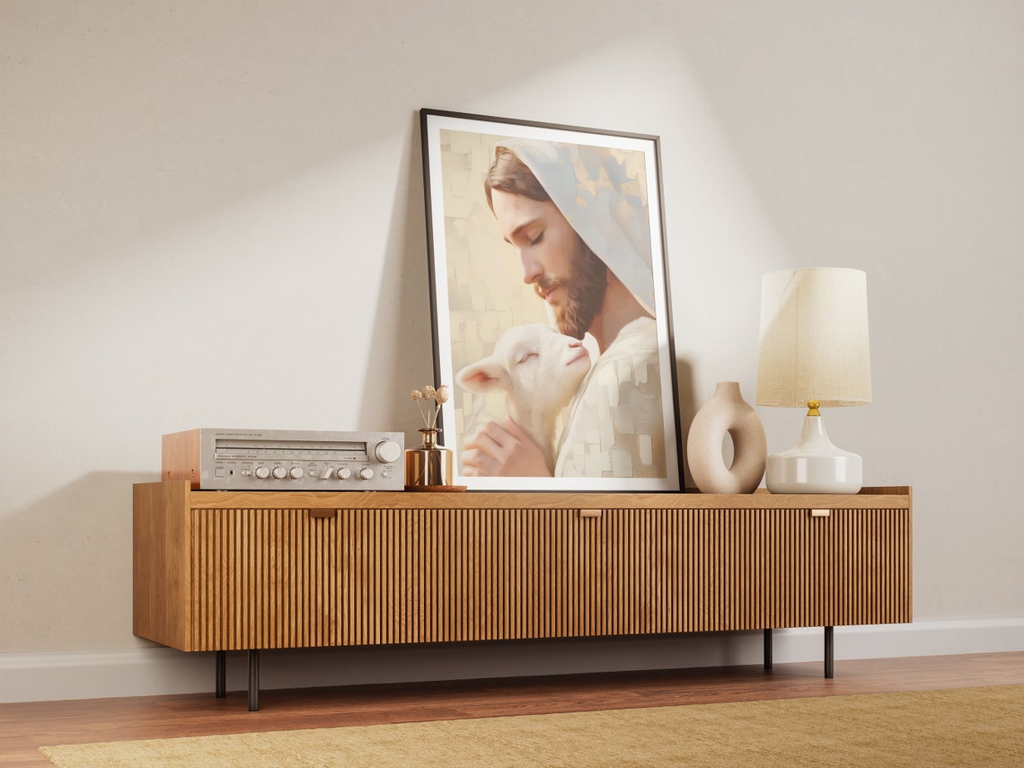 Jesus Christ Resting Lamb on Shoulder Pastel Painting Peaceful Poster - Image 2