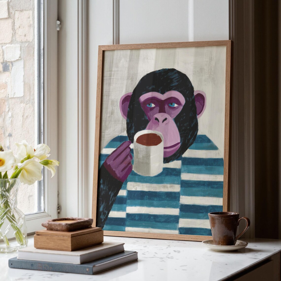 Monkey Drinking Coffee Poster Print, Animal Illustration