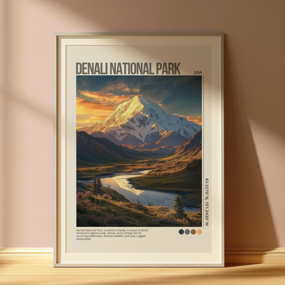 Denali Alaska Mountain Reflection Golden Light Travel Poster