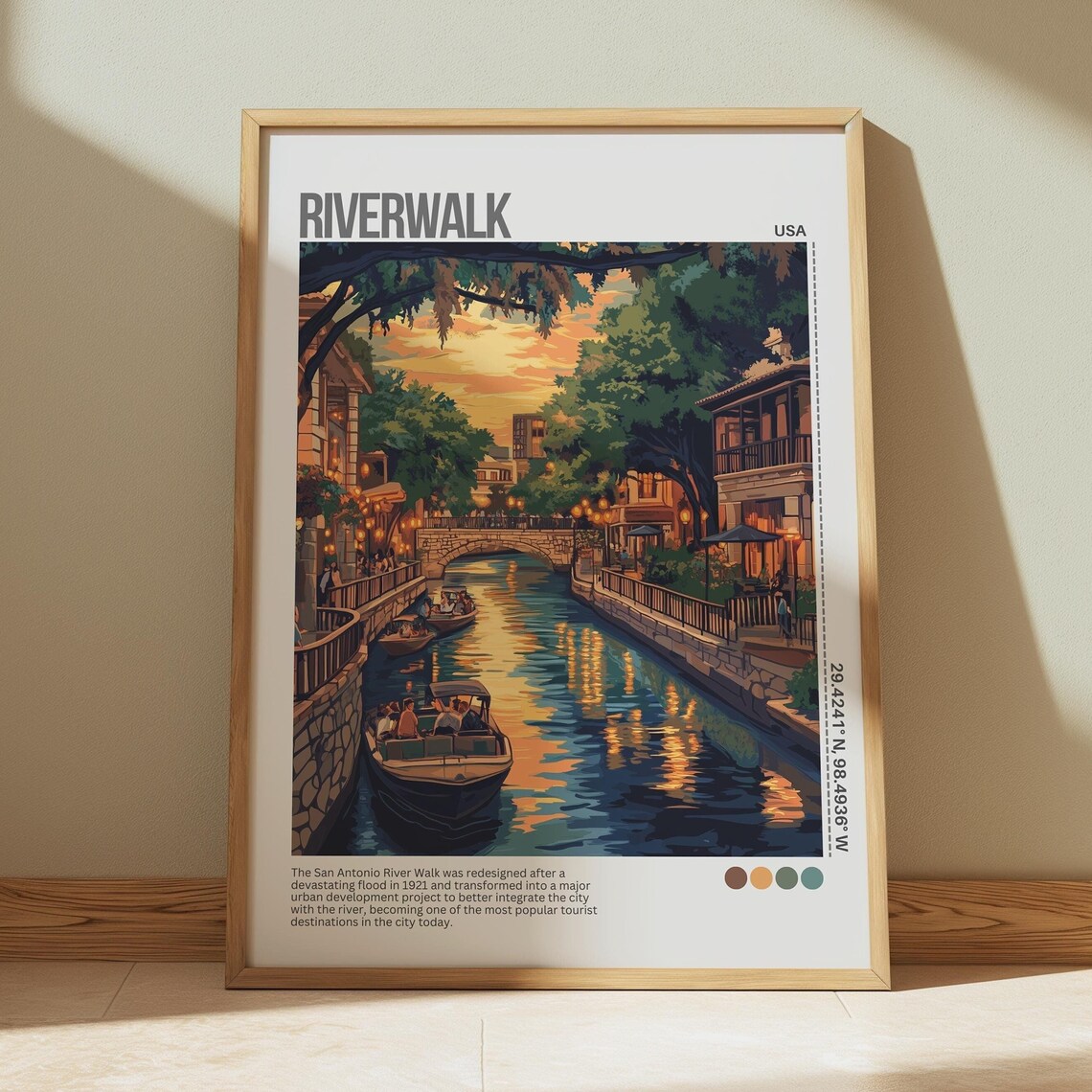 San Antonio Riverwalk Canal Boats Sunset Texas Travel Poster