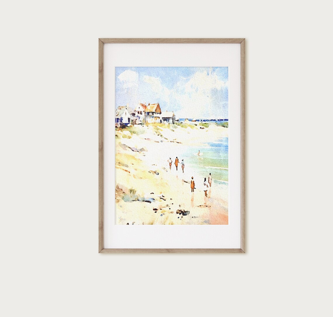 Beach Houses Watercolor Painting Coastal Shore Scene Wall Poster