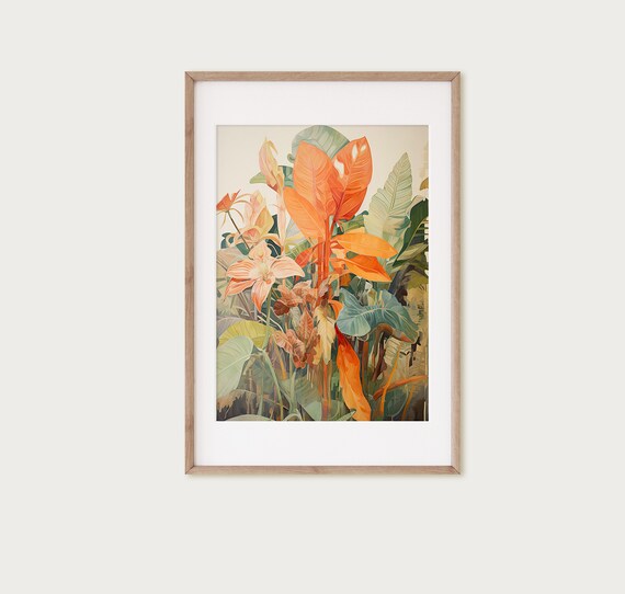 Tropical Art Print Beach House Wall Art Tropical Floral Art Botanical Wall Art Lush Tropical Garden Art In Orange Green