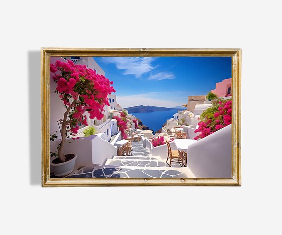 Greek Island Street Bougainvillea Whitewashed Houses Sea View Poster