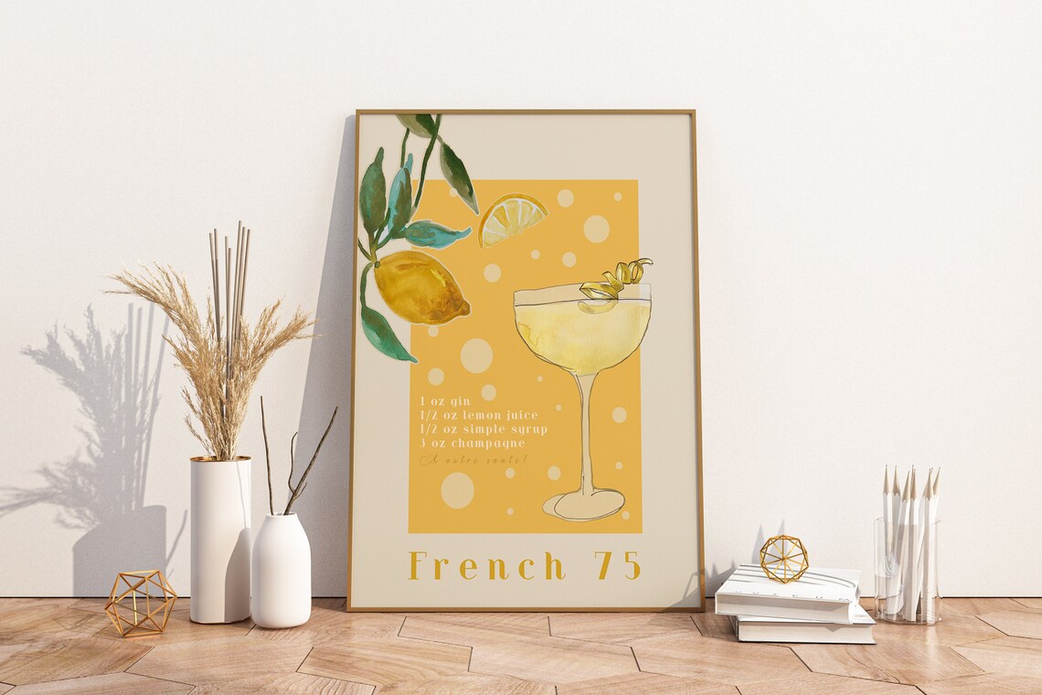 French 75 Cocktail Art Print, Kitchen Drink Poster