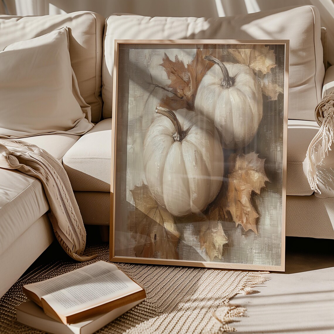 White Pumpkins Fall Leaves Neutral Autumn Painting Thanksgiving Art Print