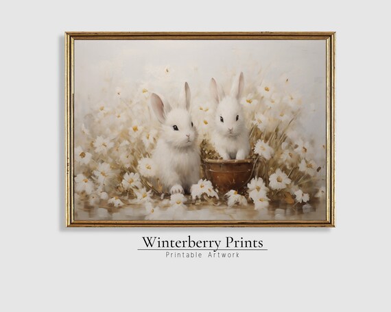 Two White Bunnies Among Daisies Soft Neutral Spring Bunny Poster