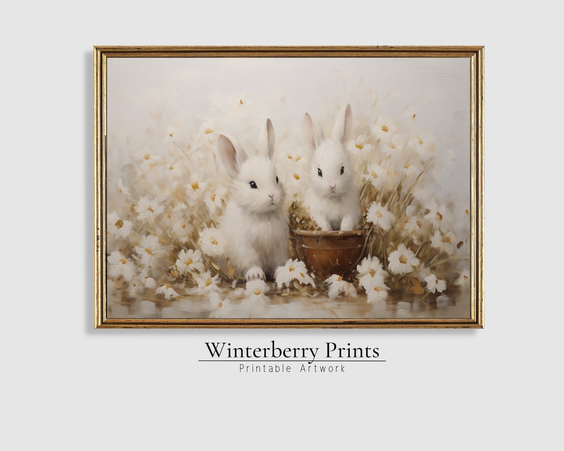 Two White Bunnies Among Daisies Soft Neutral Spring Bunny Poster