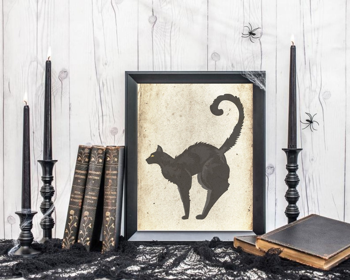 Black Cat Silhouette Arched Back Yellow Eyes Vintage Halloween Art Poster - Image 3