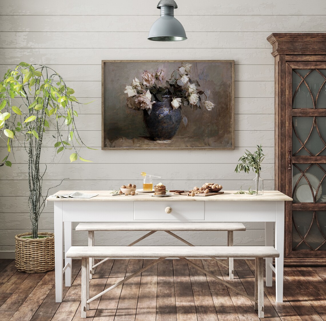 Antique White Roses Dark Vase Still Life Oil Painting Vintage Art Poster - Image 2