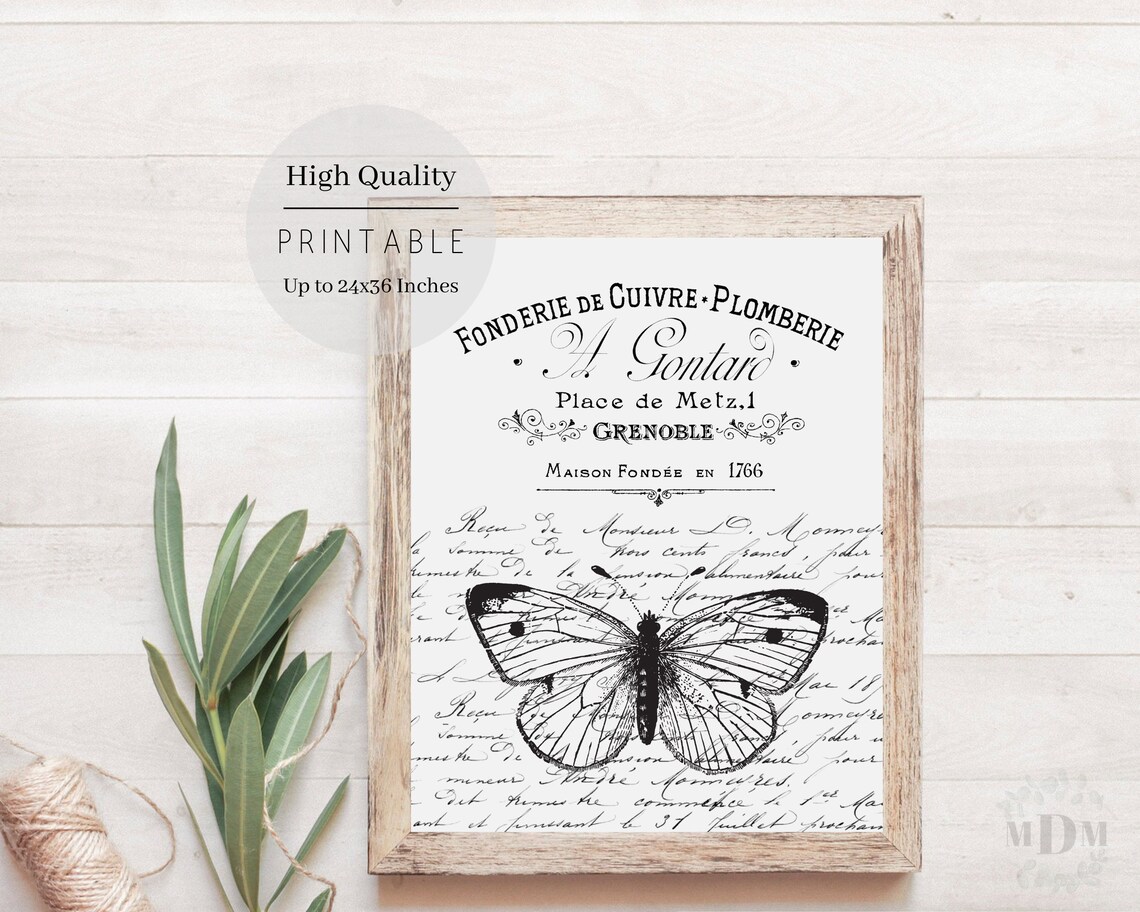 Black White Butterfly French Script Typography Vintage Grenoble Art Poster - Image 4