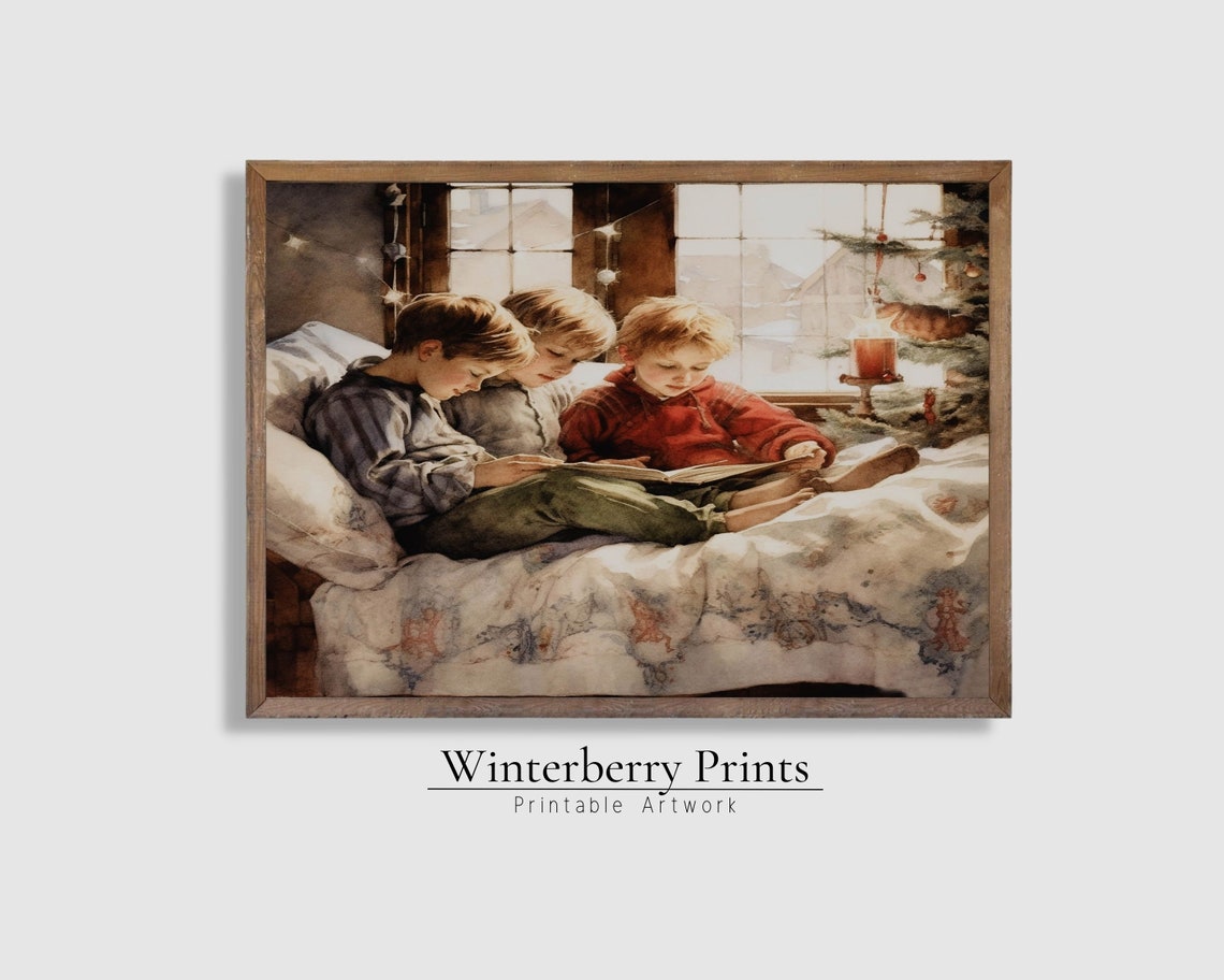 Three Boys Reading Book By Christmas Tree Watercolor Holiday Poster