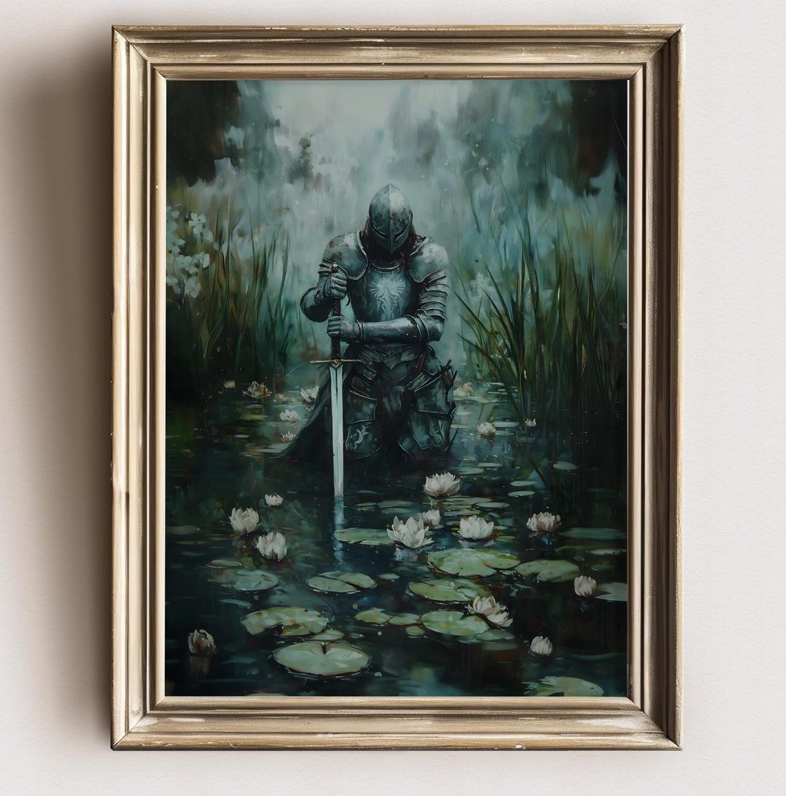 Medieval Knight Armor Kneeling Sword Misty Water Lily Pond Dark Poster