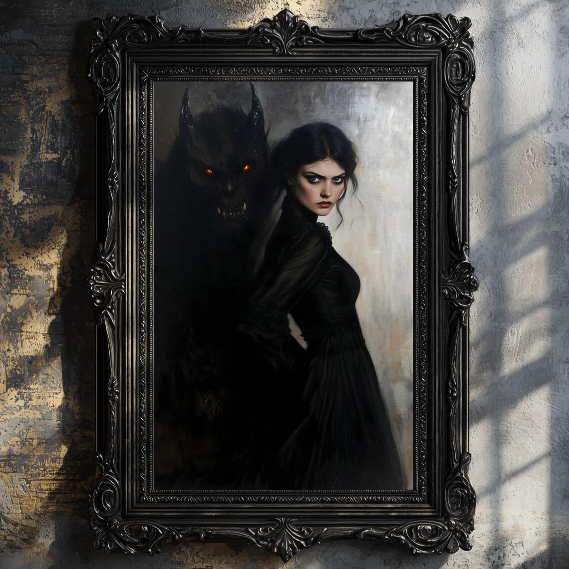 Dark Haired Beauty With Demon Beast Moody Victorian Gothic Art Poster