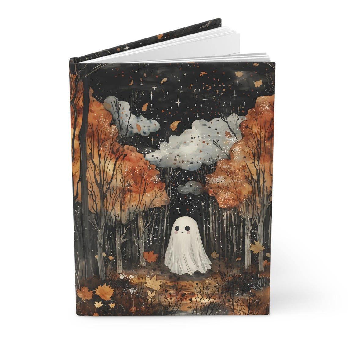 Cute Ghost In Autumn Forest Night Starry Sky Hardcover Journal Gift - Image 2