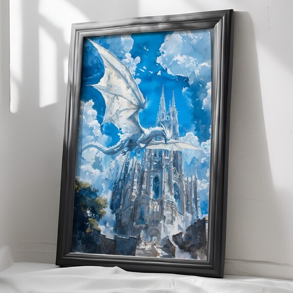 White Dragon Gothic Cathedral Art Print Light Academia Decor Gothic Castle Wall Decor Gothic Landscape Victorian Print Dark Fantasy Art