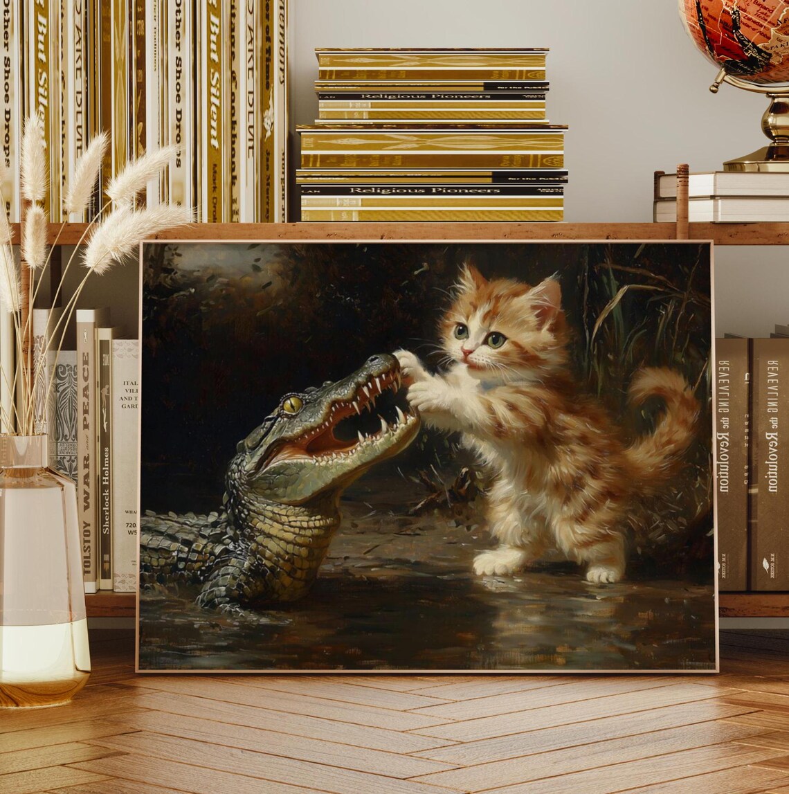 Fluffy Kitten Playing With Alligator Funny Vintage Oil Painting Poster